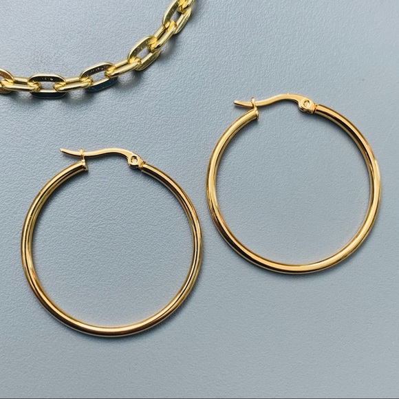 35mm Yellow Gold Stainless Steel Hoop Earrings - Picture 2 of 4